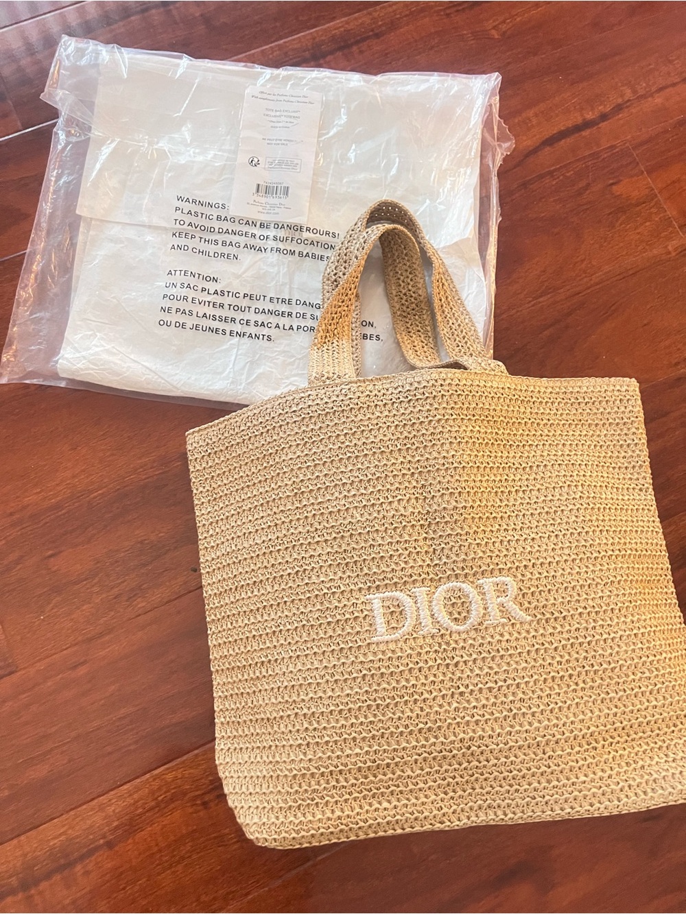 Dior Natural Beige Woven Tote with White Logo
